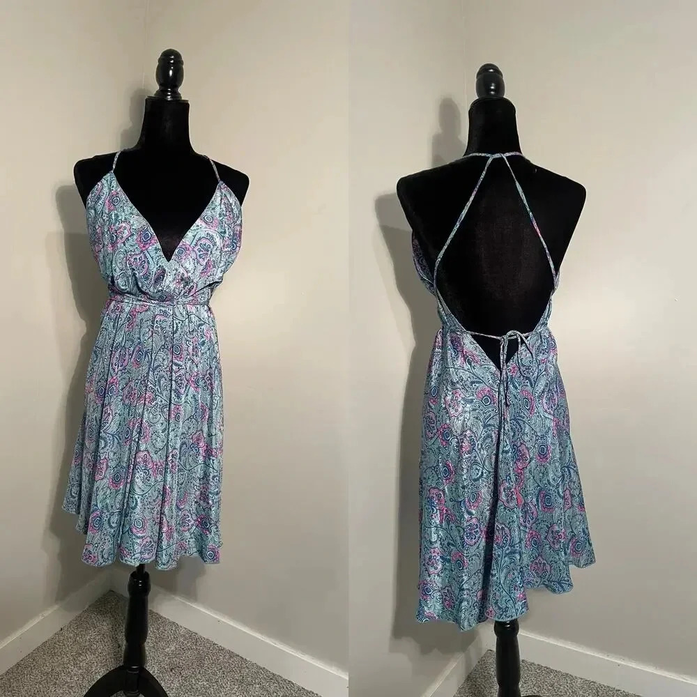 Silk Blend Blue and Pink Paisley Print Open Back Slip Mini Dress‎ Swim Coverup